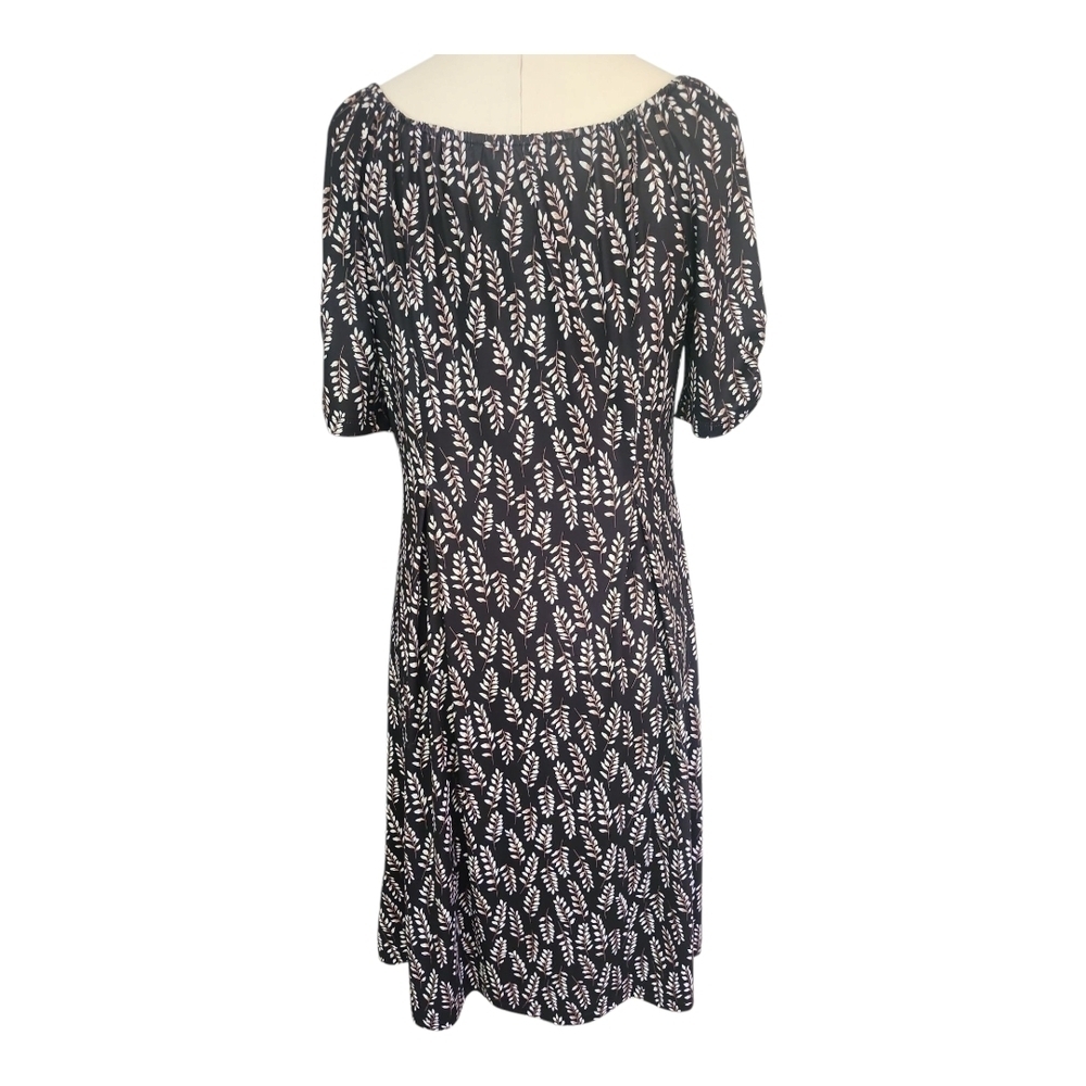 Allegra K Black Leaf Print Dress | Scoop Neck Stretch Knit Dress Size M - Picture 5 of 9